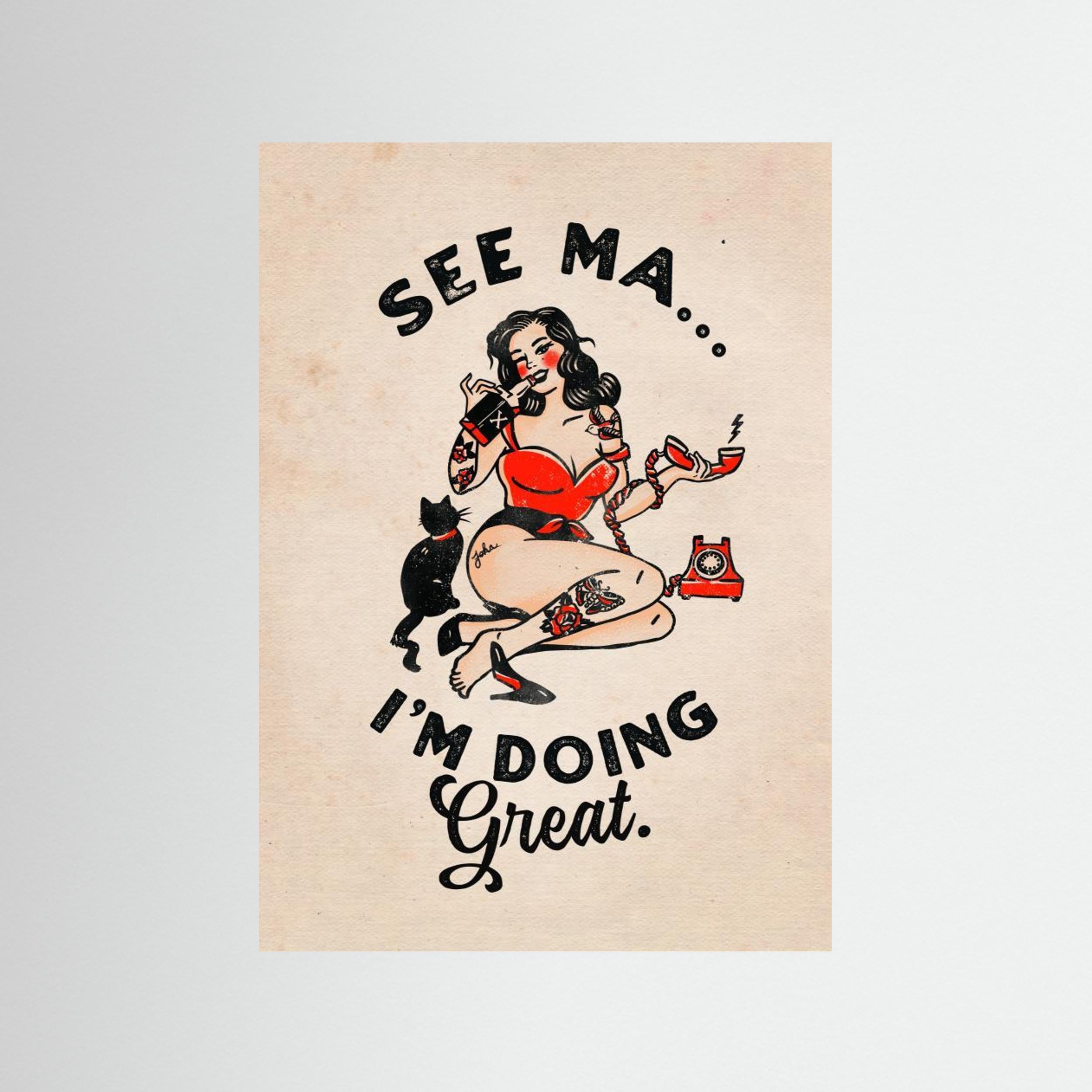 See Ma Poster Funny Vintage Pinup Girl & Cat by The Whiskey Ginger